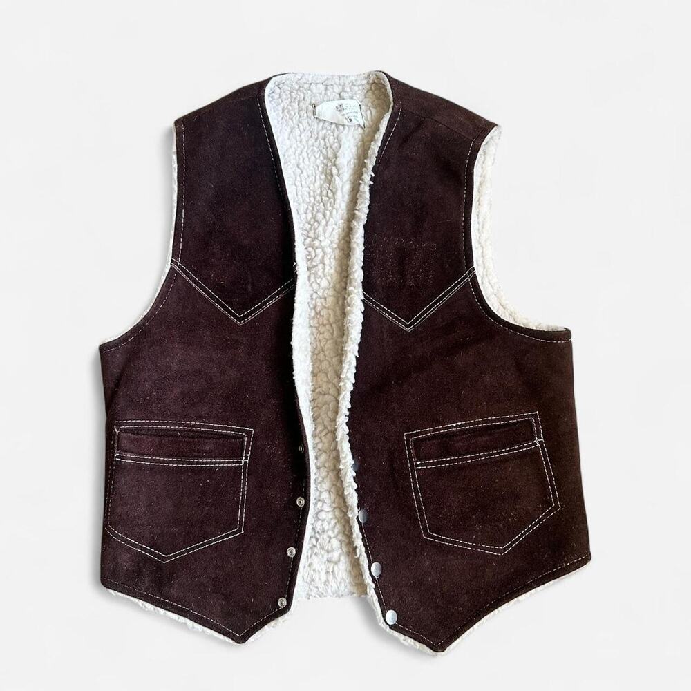 Vintage 70s brown and white Sherpa‎ Lines Suede Vest Western cowboy disco